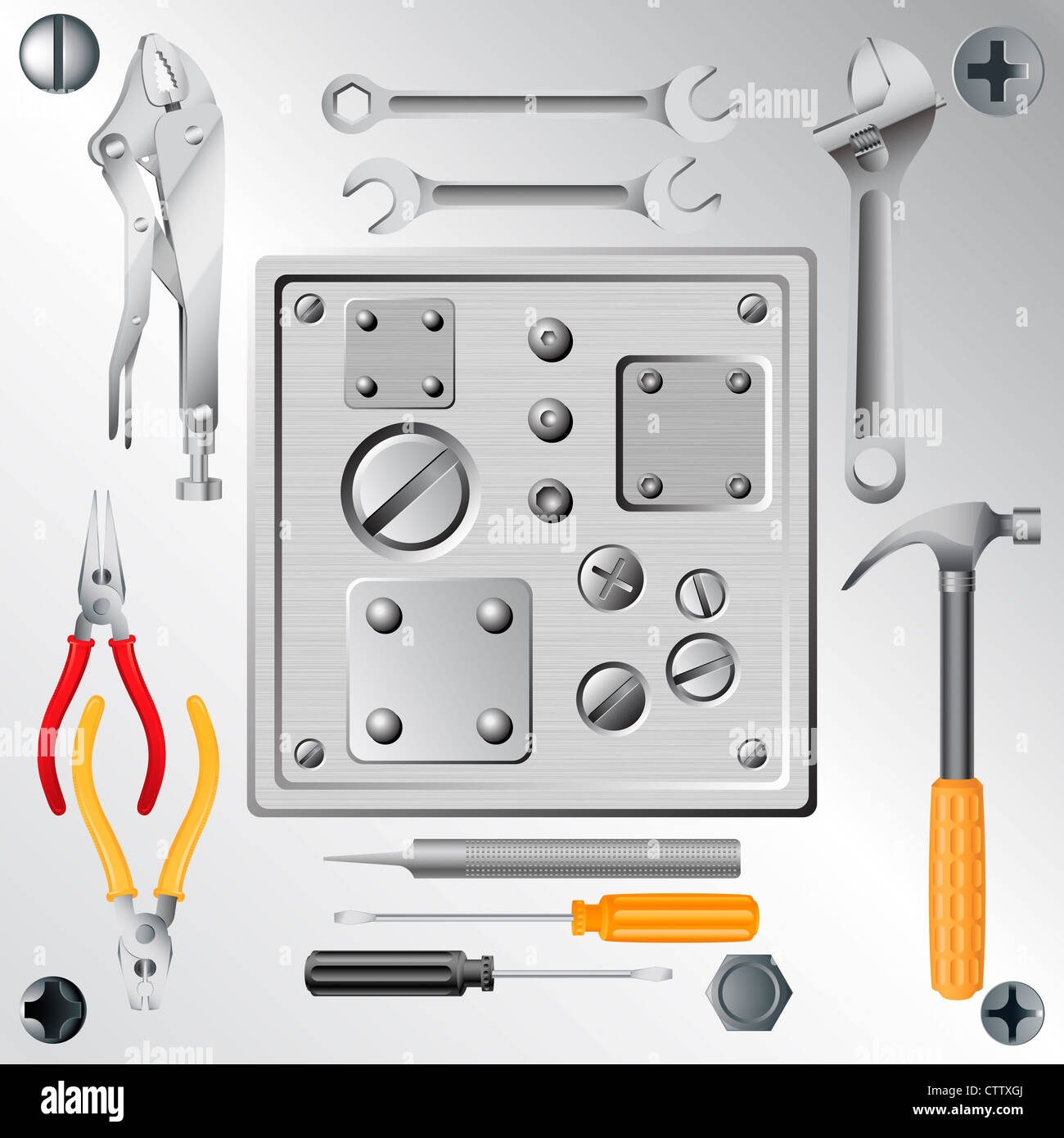 set of tools and set of screws and rivets Stock Photo