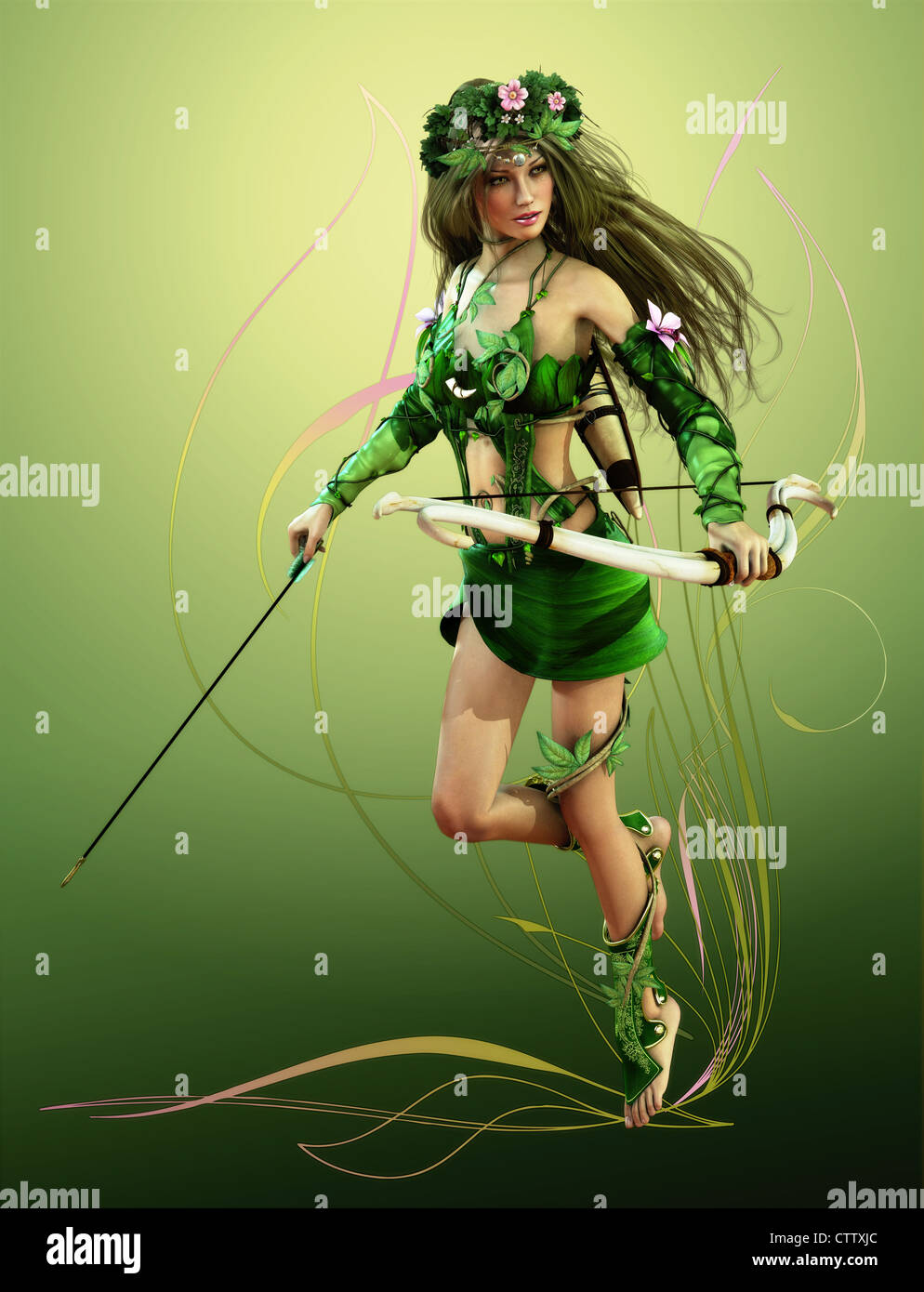 a forest fairy with bow and arrow Stock Photo