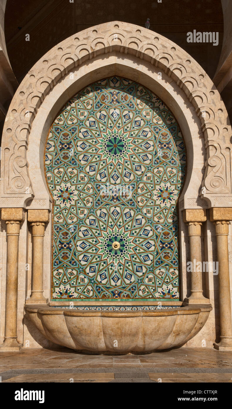 fountain at the Hassan II Mosque in Casablanca, Morocco Stock Photo