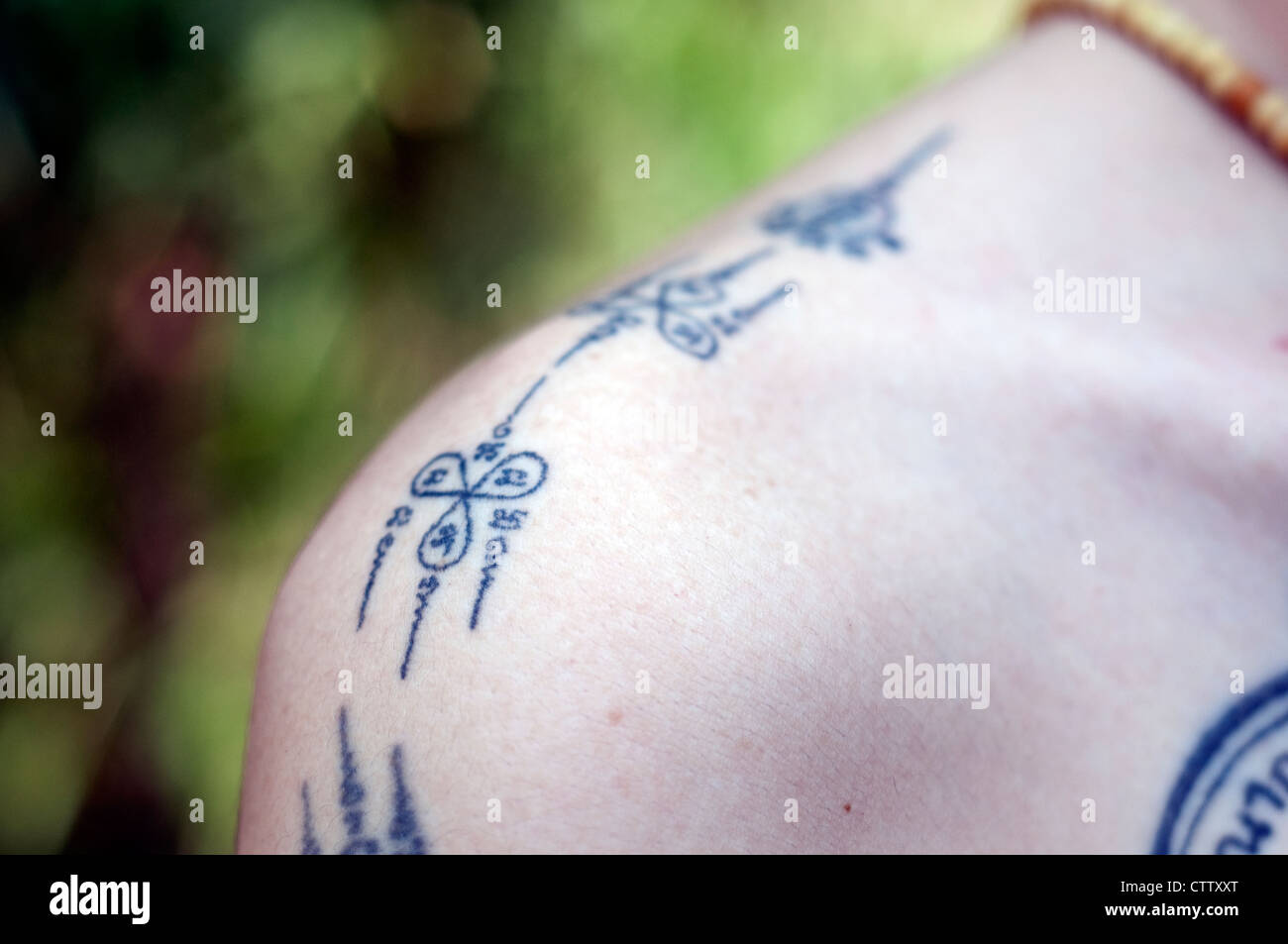 Sak Yan master,Ajahn Gop of Ayuthaya, Thailand. Sak Yan are the mystical tattoos popular in Thailand. Stock Photo