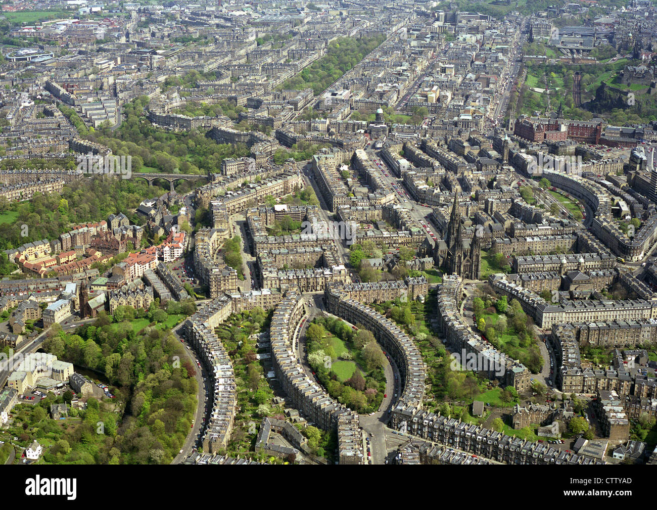 aerial view of Edinburgh's Dean Village district looking east towards the City Centre Stock Photo