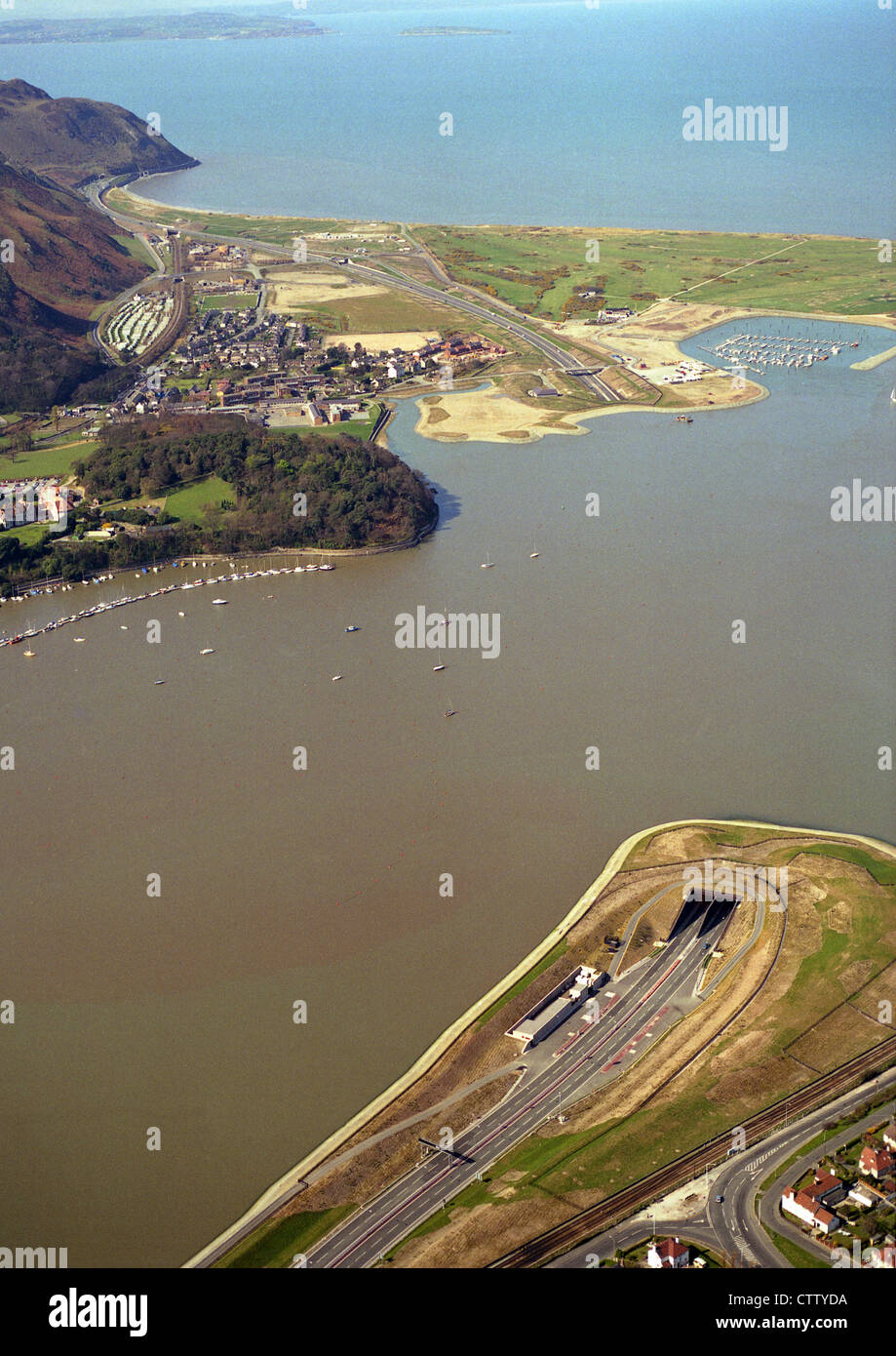 aerial view of Llandudno Junction to Conwy in North Wales, showing the A55 tunnel as it passes under the Afon Conway estuary Stock Photo