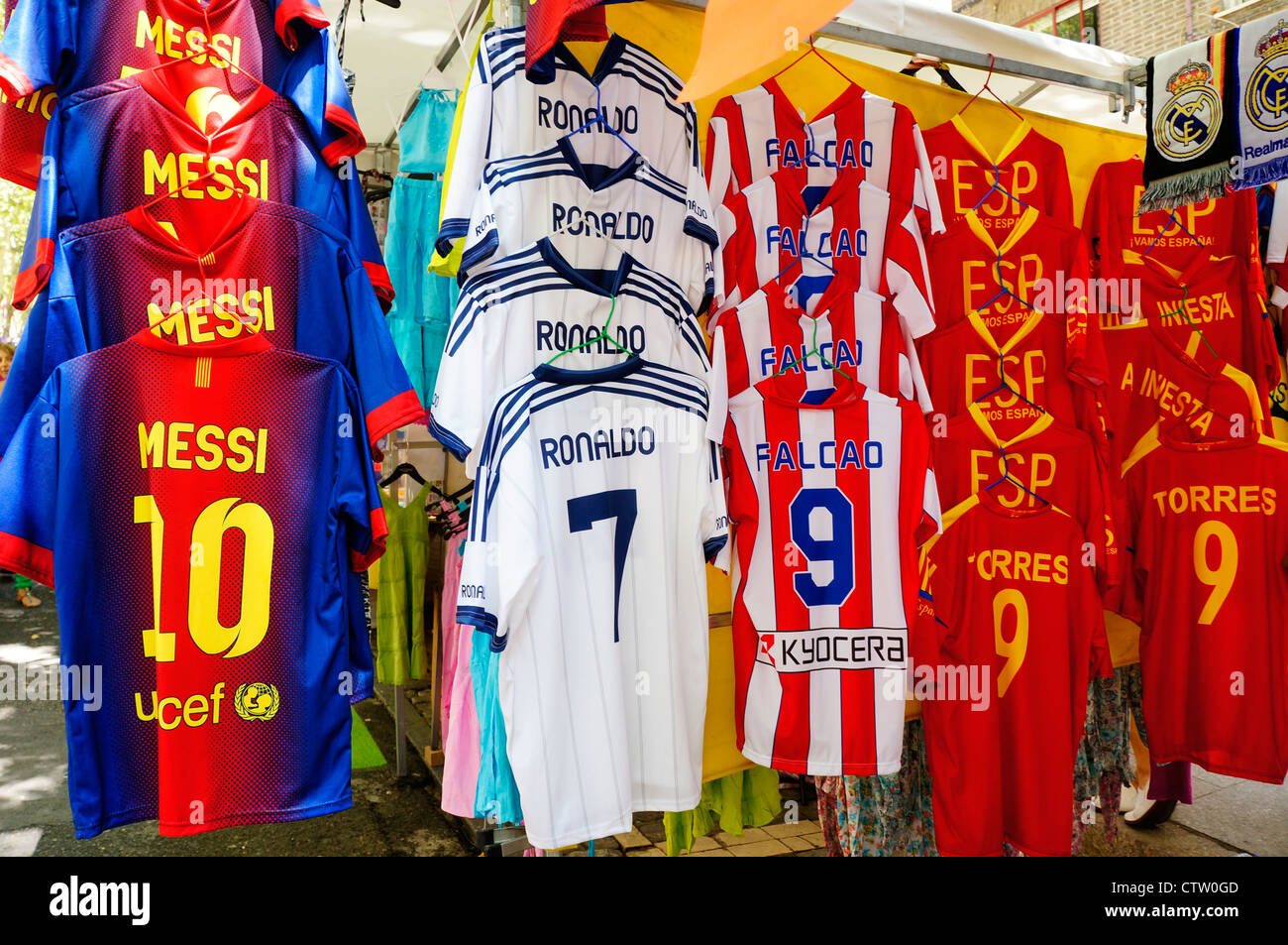 Scene shirts football Spain, from El Rastro flea market in Madrid Spain. Stock Photo
