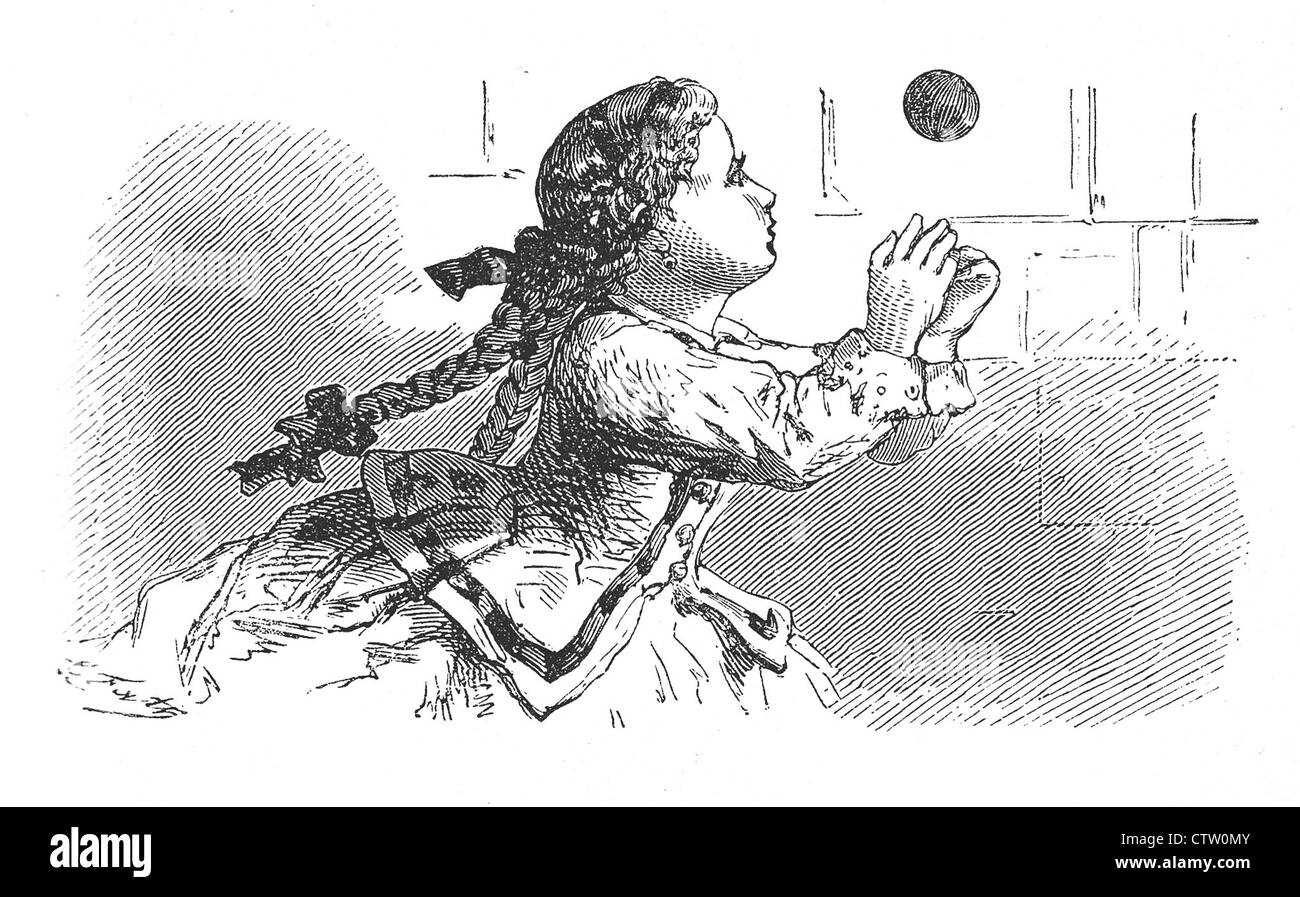 Girls game: launch and catch the ball, having fun playing alone or together with friends, vintage illustration Stock Photo