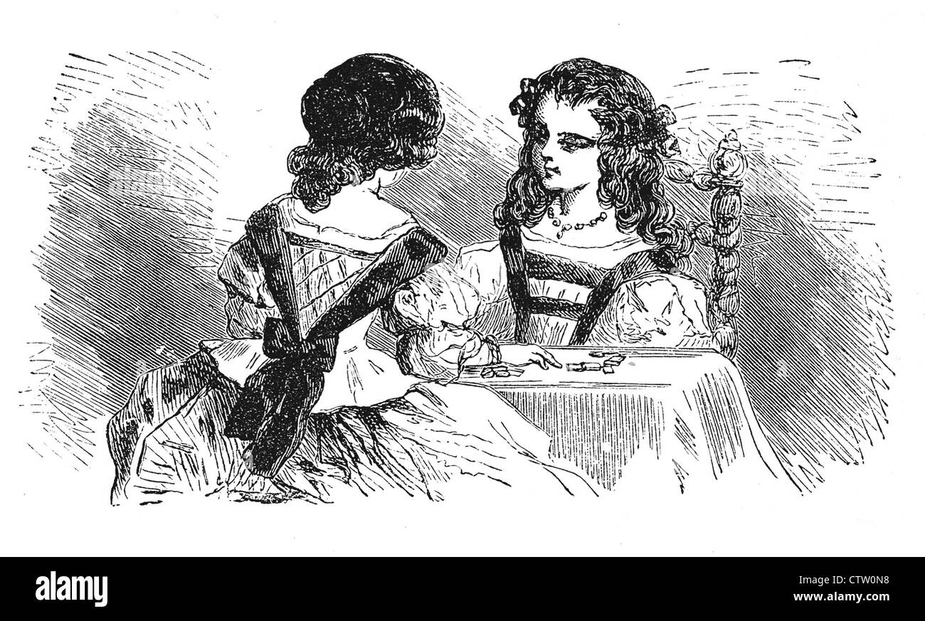 Vintage black and white illustration:  two girls play domino in the parlor Stock Photo