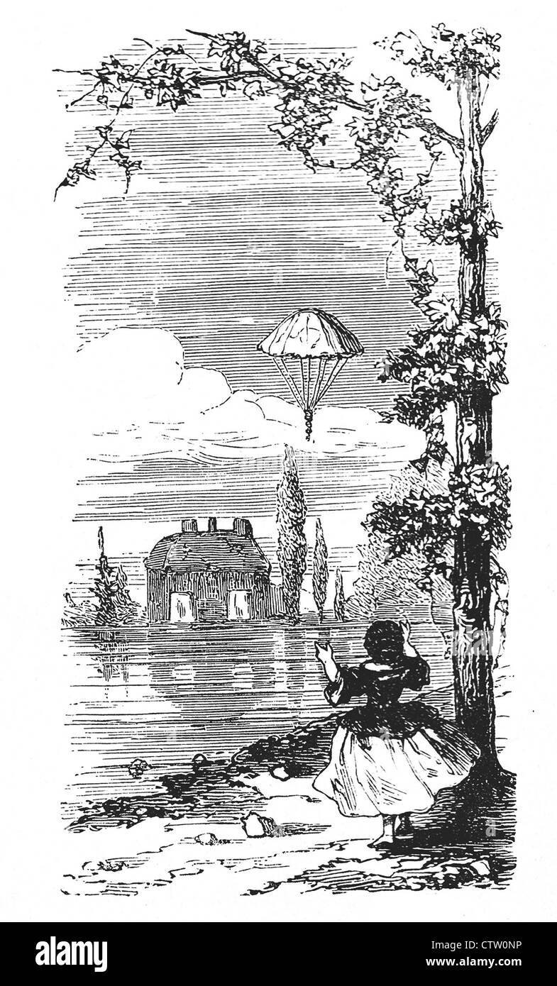 Vintage black and white illustration: girl plays the parachute game on a river border Stock Photo