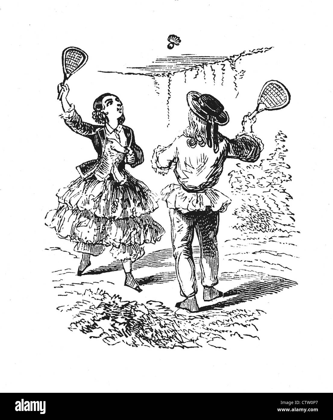 Vintage black and white illustration: girl and boy playing at feather ball in the garden Stock Photo