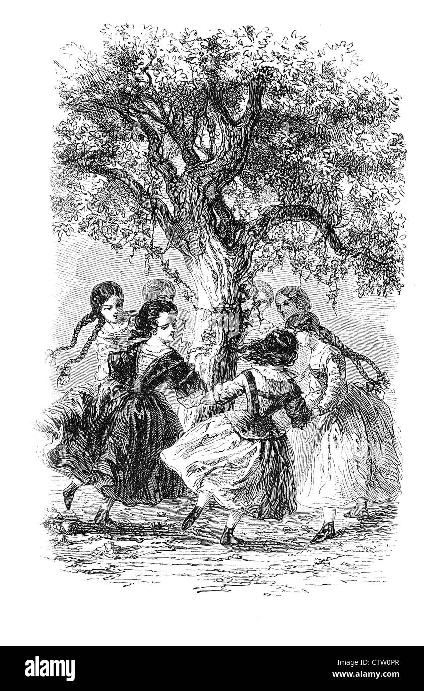 Vintage black and white illustration: the walk around, group of girls playing in the wood around a tree Stock Photo