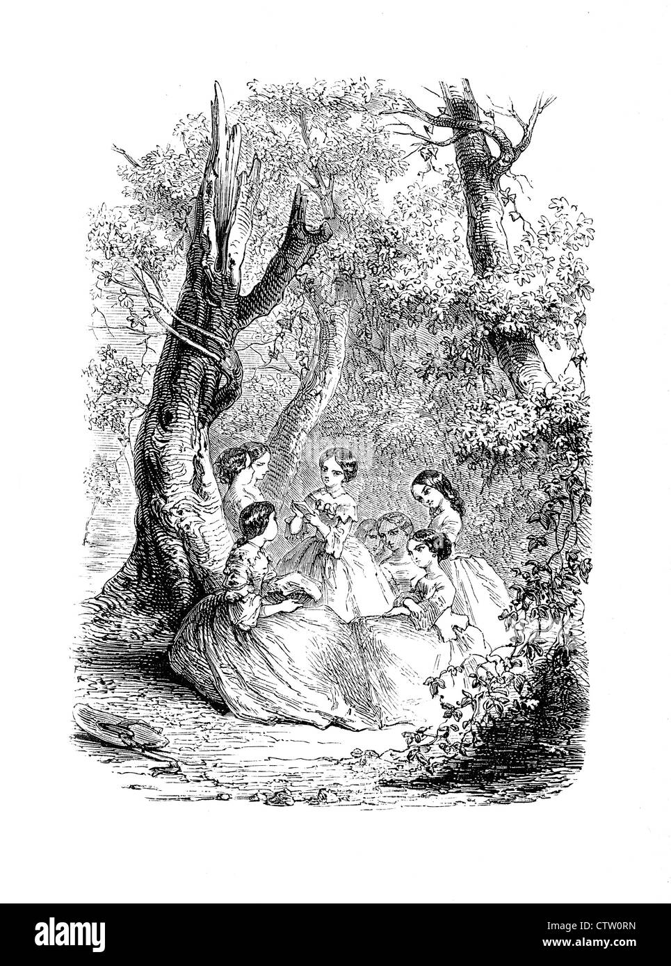 Vintage black and white illustration: group of girls outdoor reading in the wood Stock Photo