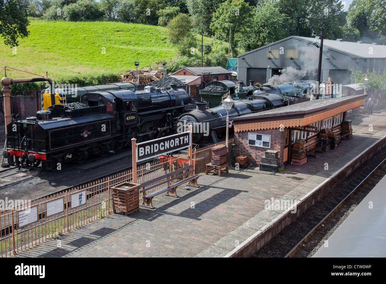 Steam engines in the engine yard at Bridgnorth Station on the Severn Valley Railway, Bridgnorth, Shropshire Stock Photo