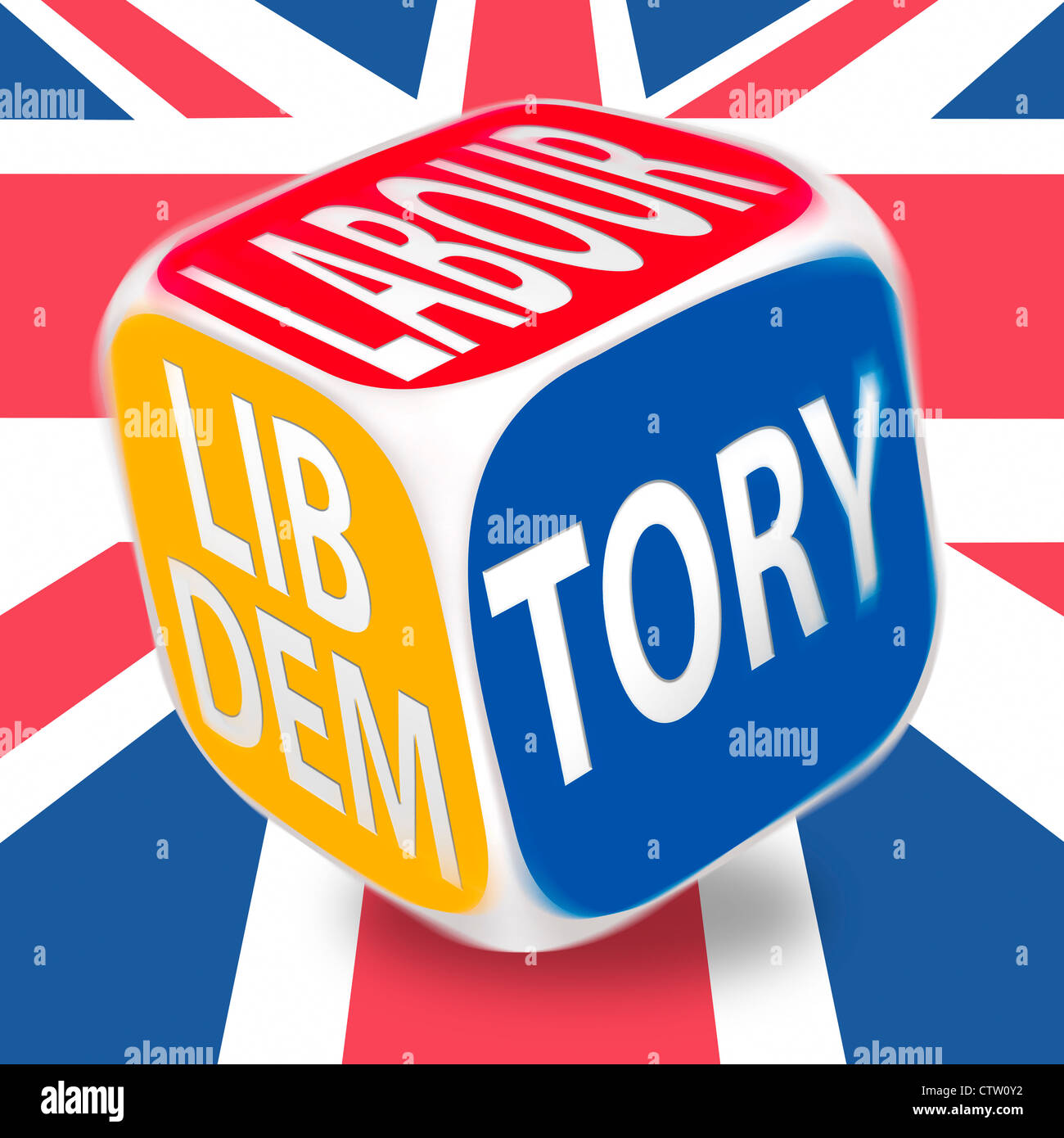 Rolling Dice with the political parties of the UK on each Side. Labour, Conservative and Liberal Democrat Party on a Union Flag Stock Photo