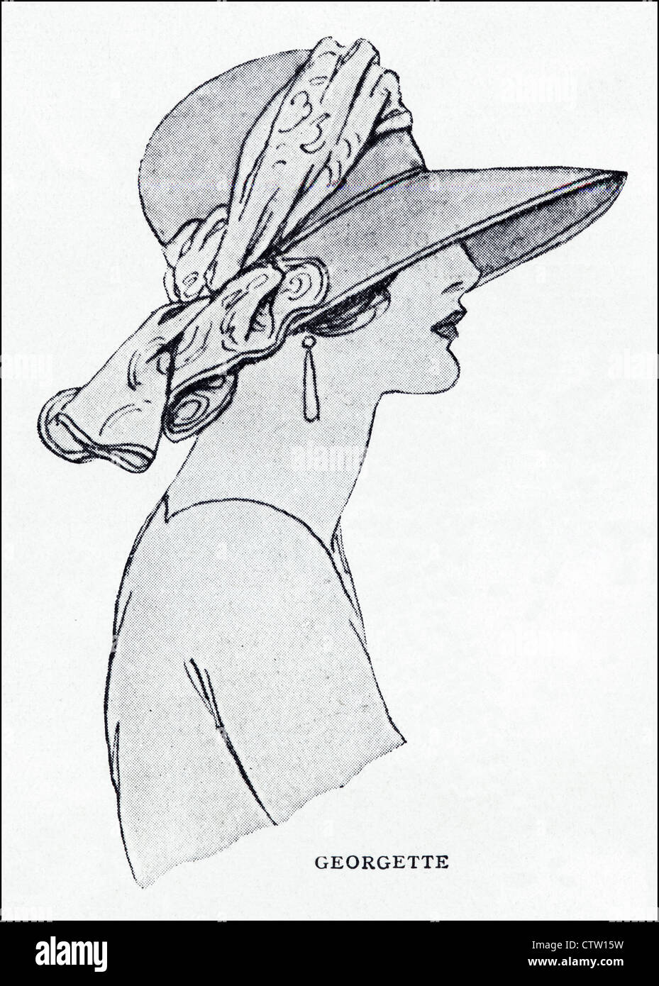 Illustration circa 1923. Paris fashions by designer GEORGETTE yellow bangkok summer hat trimmed with a scarf in ochre, green, red & blue Stock Photo