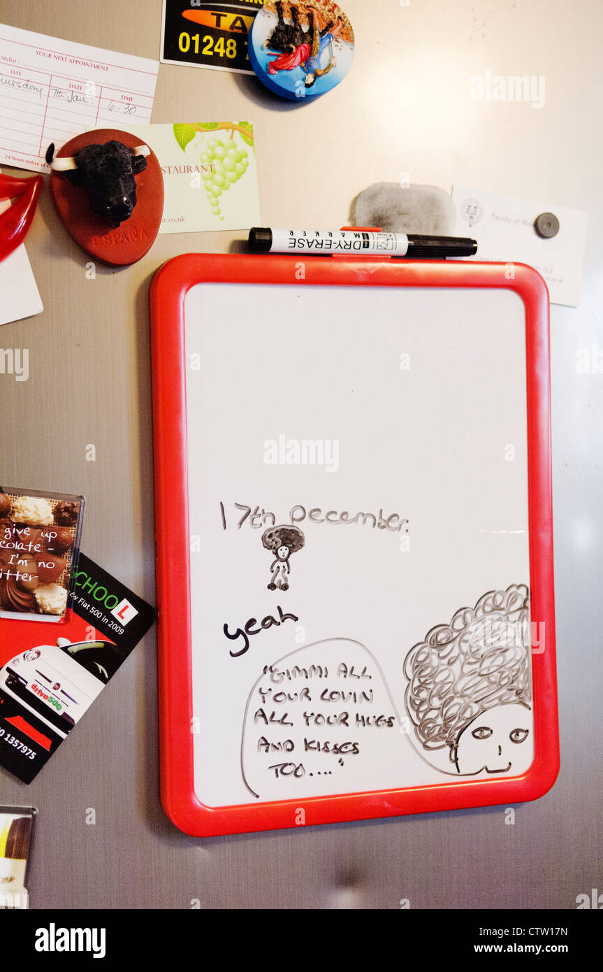 Fridge door with magnets and message board. Stock Photo