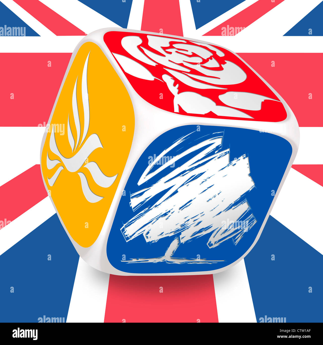 Dice with the symbols of the main UK political parties on each Side. Labour, Conservative & Liberal Democrats on a Union Flag Stock Photo