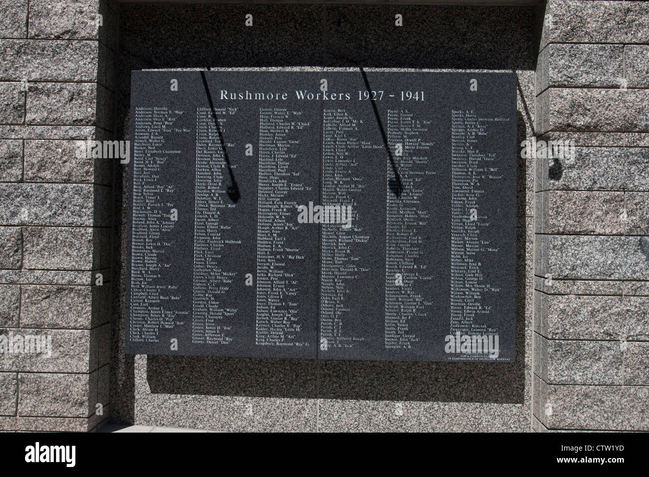 Stone plaque placed on a wall with the names of workers who worked on Mt. Rushmore, Mount Rushmore National Monument, South Dakota, United States of America Stock Photo