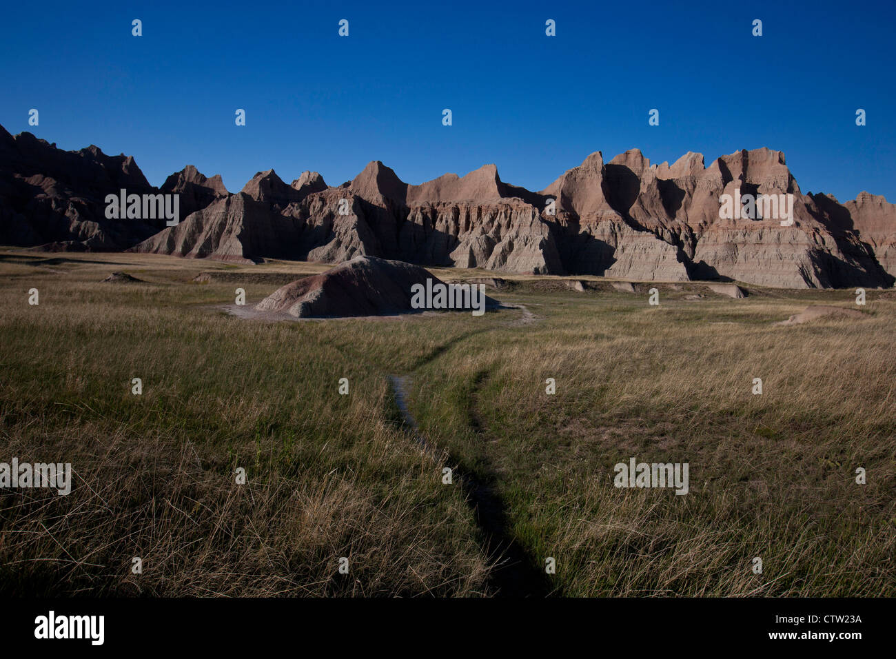 Hiking trail through grasslands leading to rock formations, Badlands