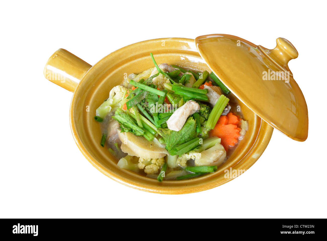 the kind of thai food ,it call Baked fish with vegetables,it is not spicy and isolated on white background. Stock Photo