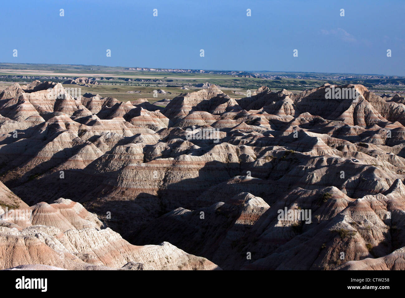 Aerial view of badland rock formations, Badlands National Park, South