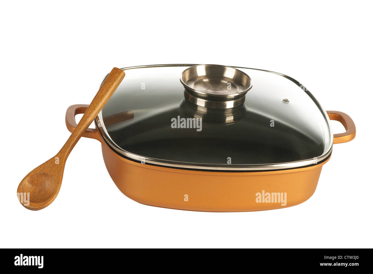 cookware, cast iron cooking pot, nonstick pan and glass lid isolated on