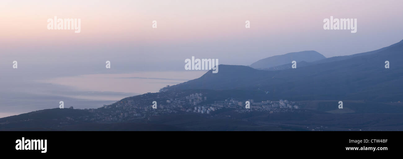 Alushta panoramic view at sunrise, Crimea, Ukraine Stock Photo