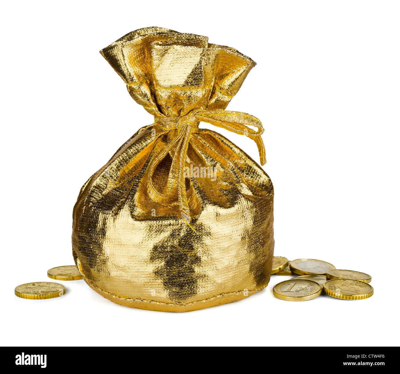 Golden sack and some money isolated on white Stock Photo