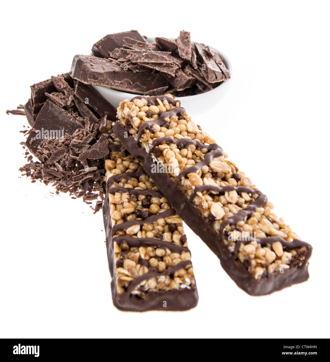 Muesli bar with Chocolate pieces isolated on white background Stock Photo