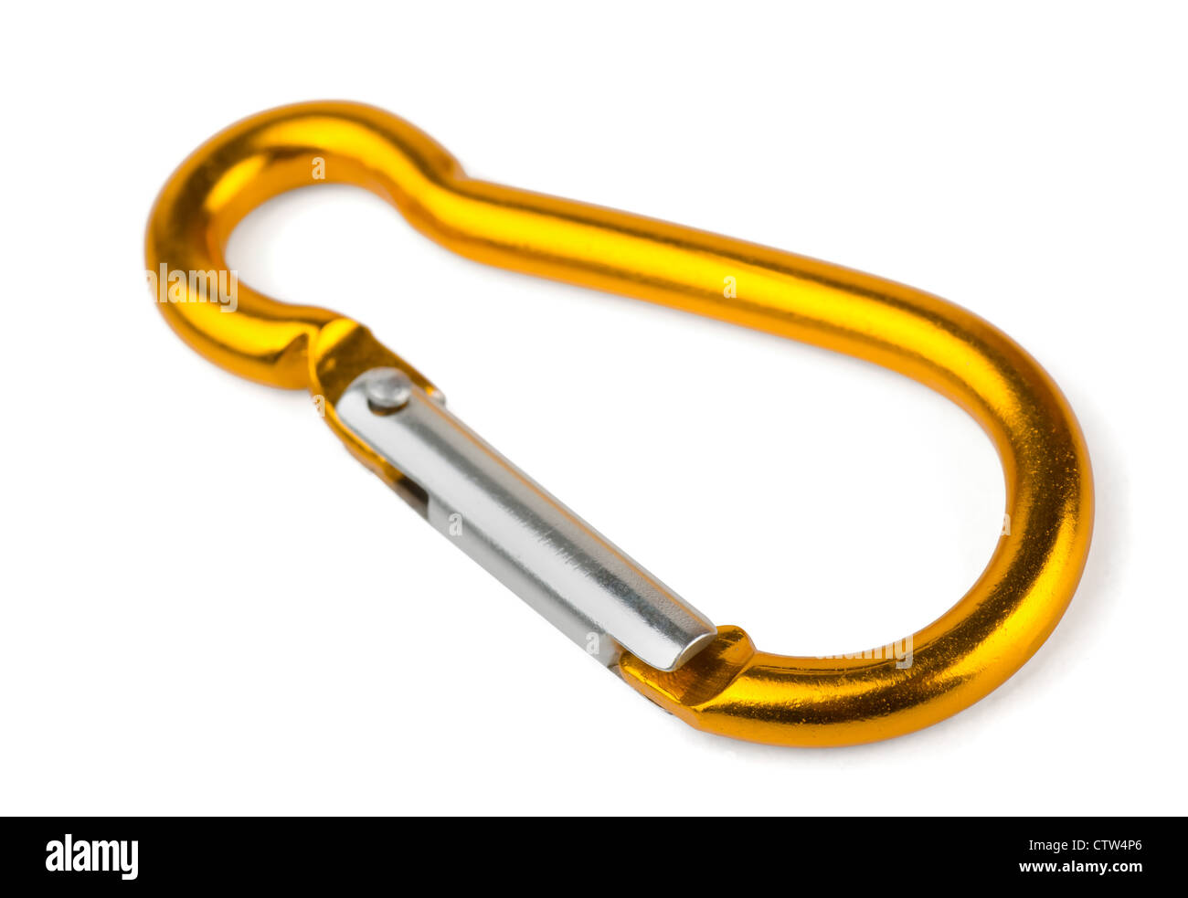 Single golden aluminium carabiner isolated on white Stock Photo