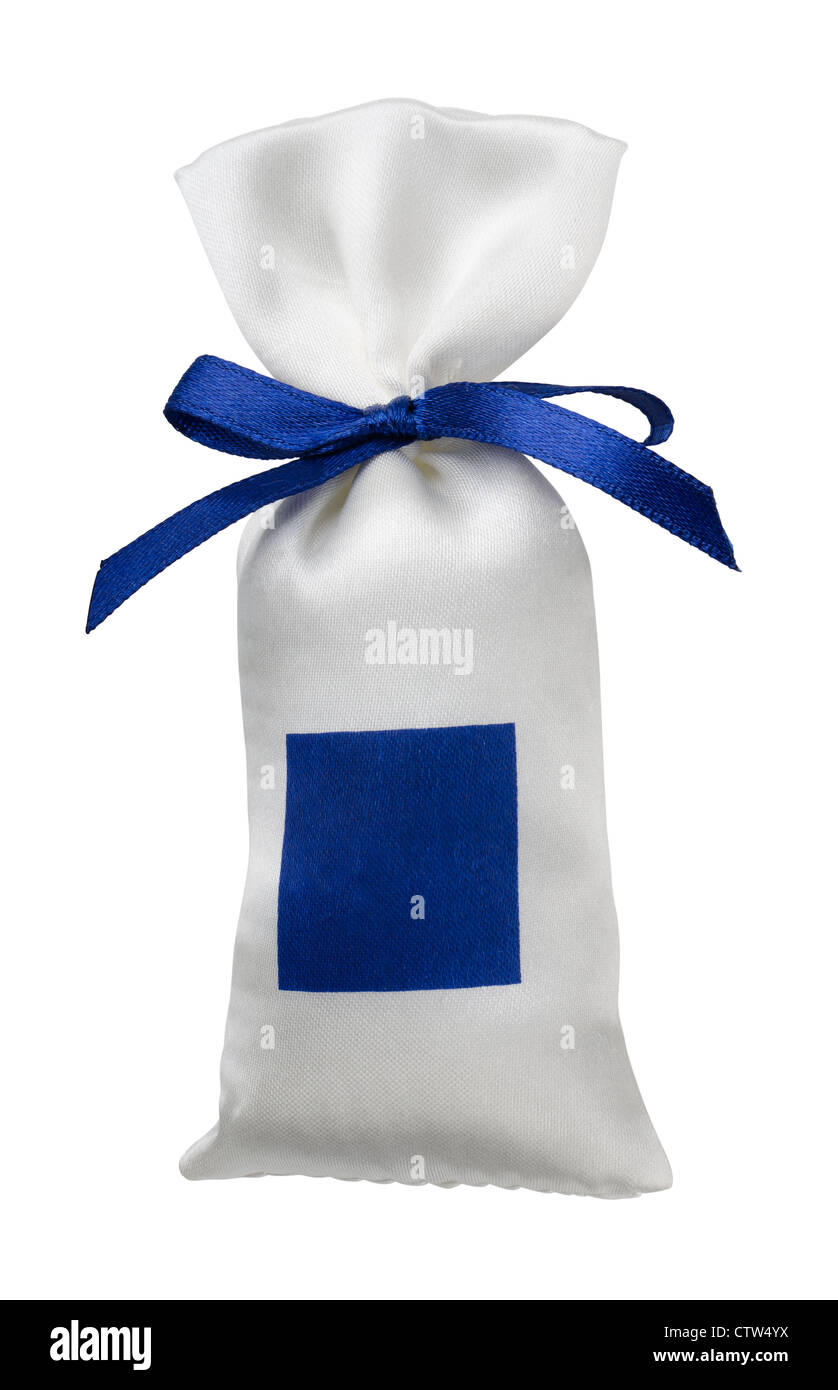 White silk gift bag with empty blue label isolated on white Stock Photo