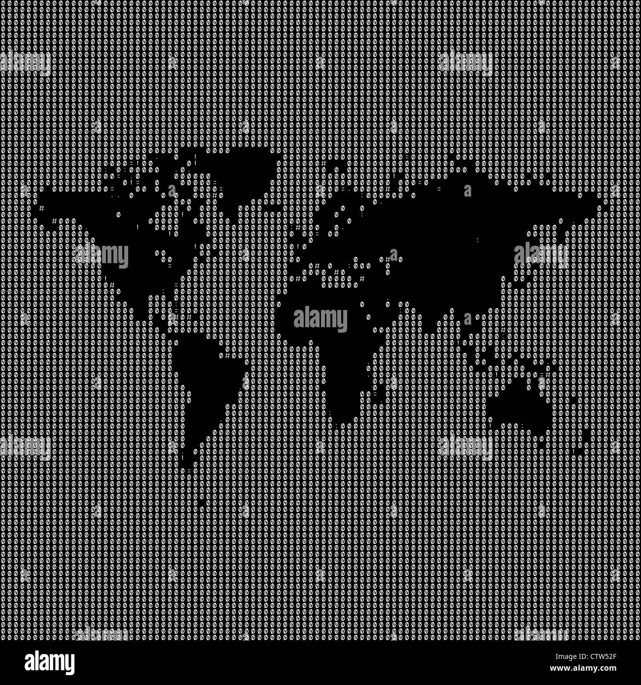 Digital world map montage made up of binary symbols and digits Stock