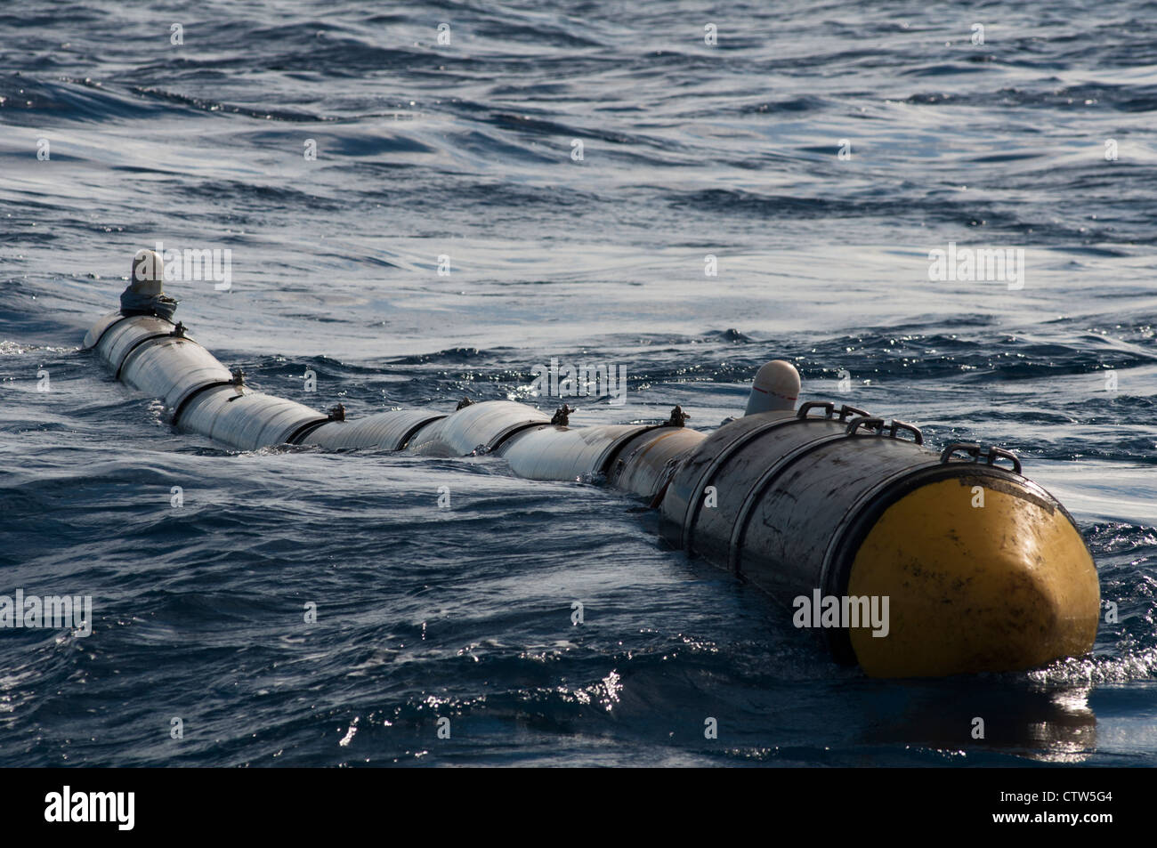 Seismic air gun been towed by a seismic vessel in offshore area Stock Photo