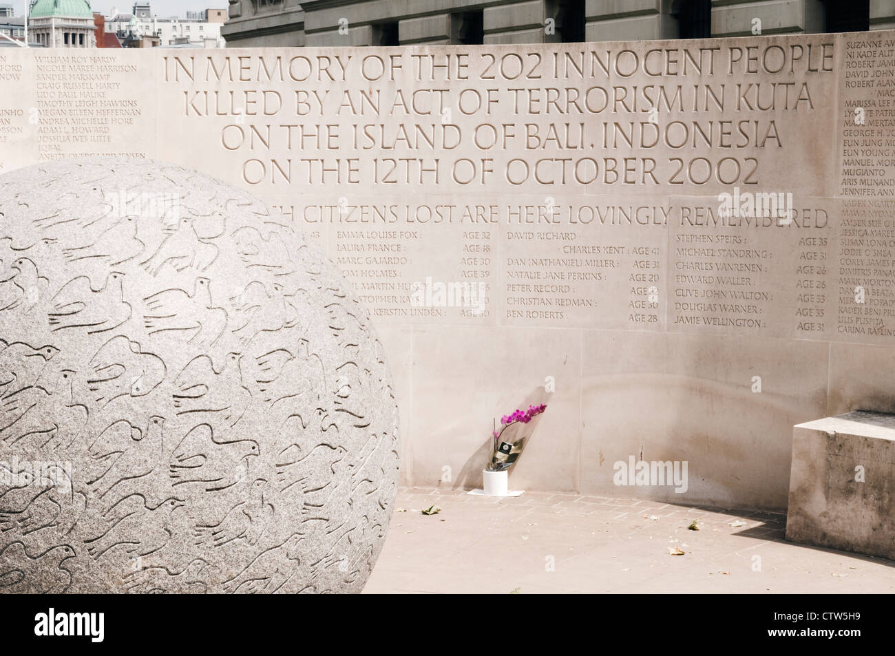 The Bali Bombing Monument by the Churchill War Rooms on Horse Guard Lane by St. James Park. Stock Photo