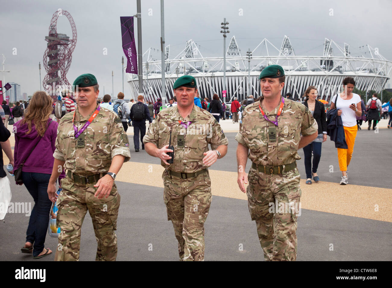 London 2012 Olympic Park in Stratford. British Army on duty after they were brought in to pick up the shortfall in security. Stock Photo