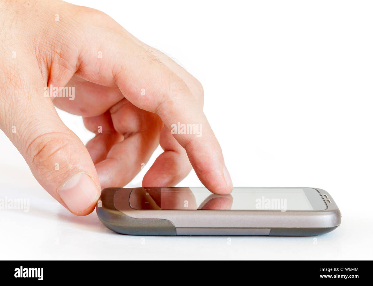 Man hands are pointing on touch screen device Stock Photo