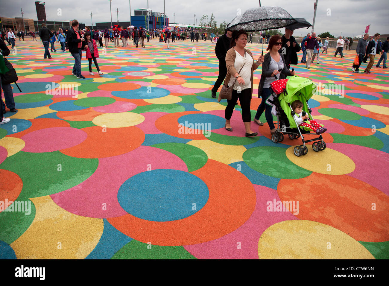 London 2012 Olympic Park in Stratford. Coloured walkway which is soft and child friendly. Stock Photo