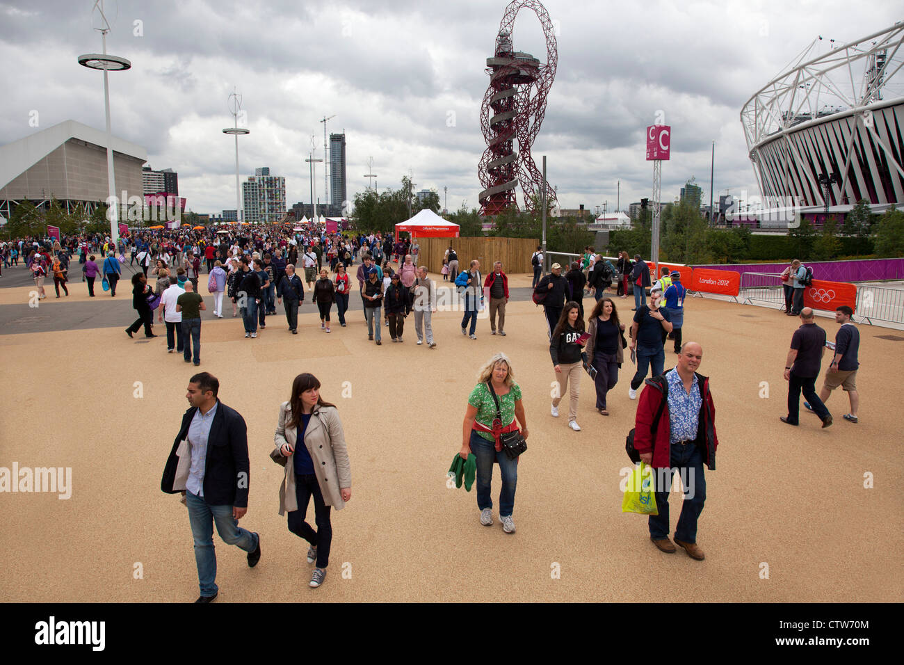 London 2012 Olympic Park in Stratford, East London. Crowds of fans walking around the site. Stock Photo