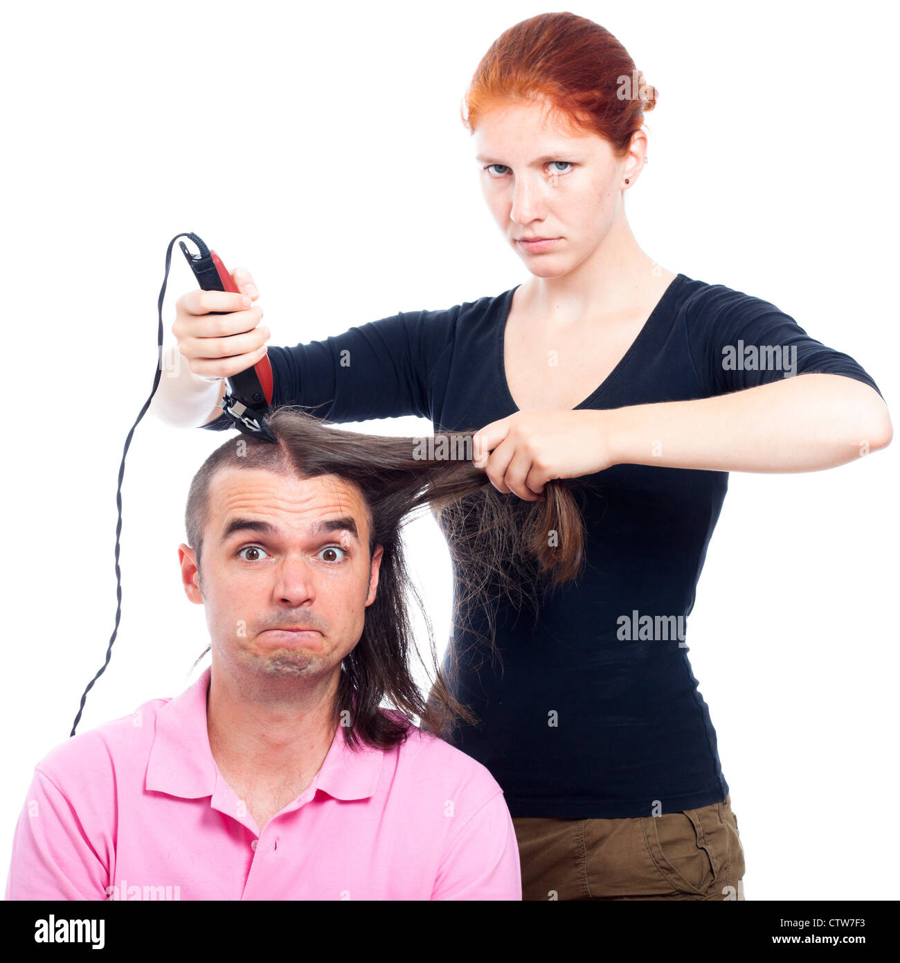 Serious Hairdresser Woman Shaving Funny Long Haired Man With Hair