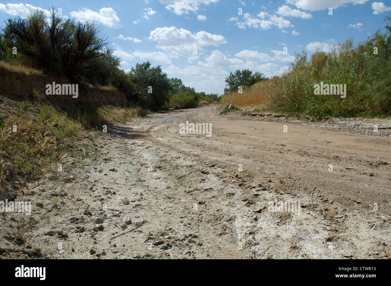 Dry riverbed of the the Arkansas River at the border of Colorado and Kansas off highway 50E/400E near Holly, Colorado. Stock Photo