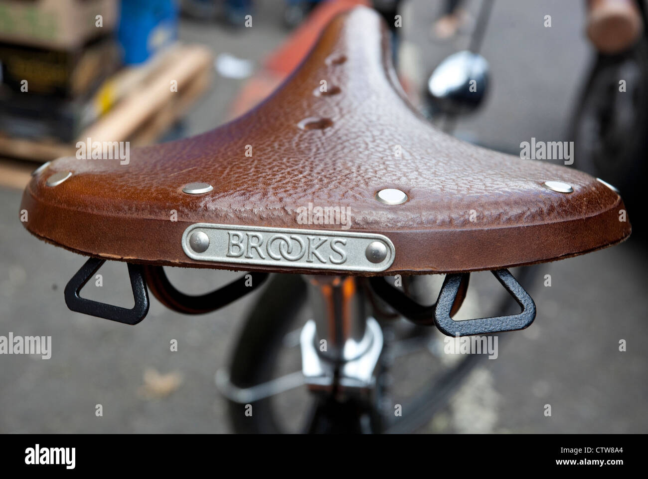 Rear view of a bicycle's saddle, London, England, UK. Stock Photo