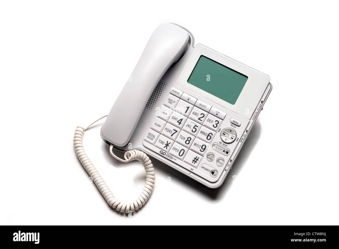 Large button telephone answering machine on white background Stock Photo