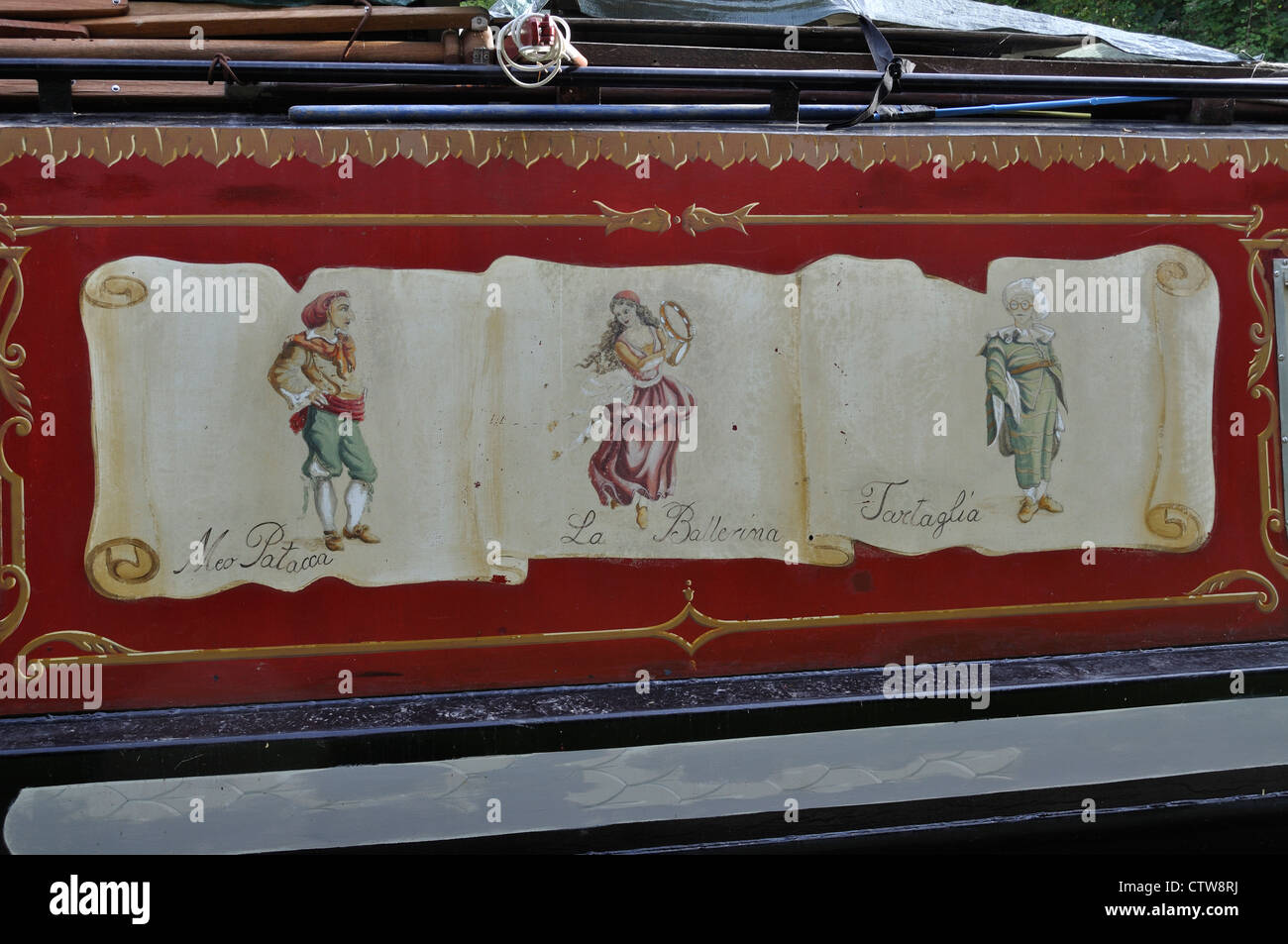 Maschere del Teatro della Commedia dell'Arte. Traditional Italian Comedy of the Crafts on side of narrowboat. Stock Photo