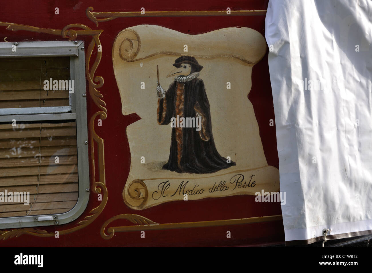 Maschere del Teatro della Commedia dell'Arte. Traditional Italian Comedy of the Crafts on side of narrowboat. Stock Photo