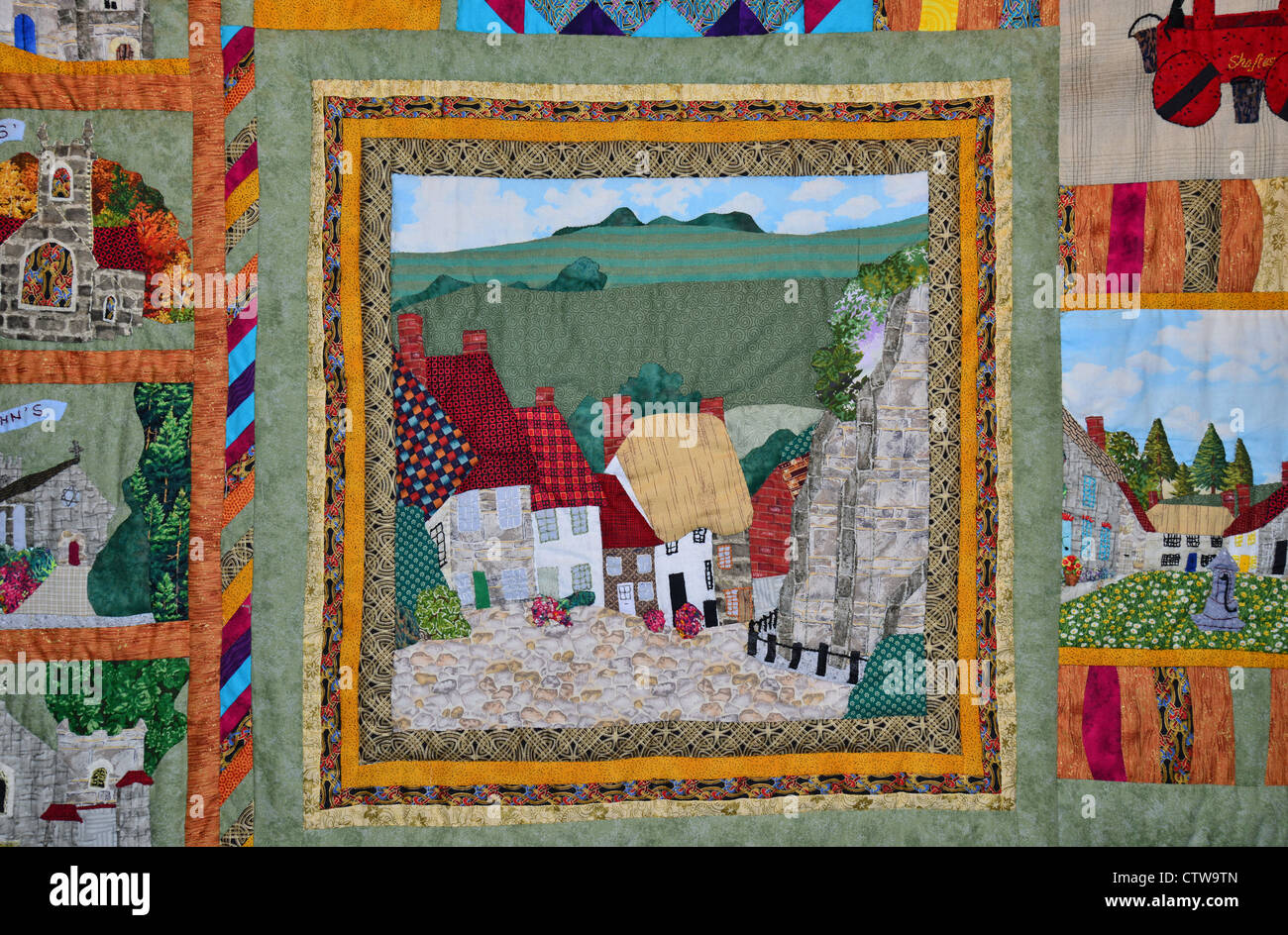 Embroidered quilt in Gold Hill Museum, Gold Hill, Shaftesbury, Dorset, England, United Kingdom Stock Photo