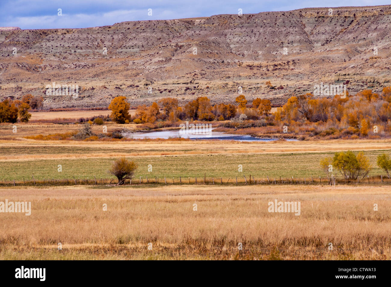 Autumn color along scenic highway US 287 through Wyoming rural ranching country Stock Photo