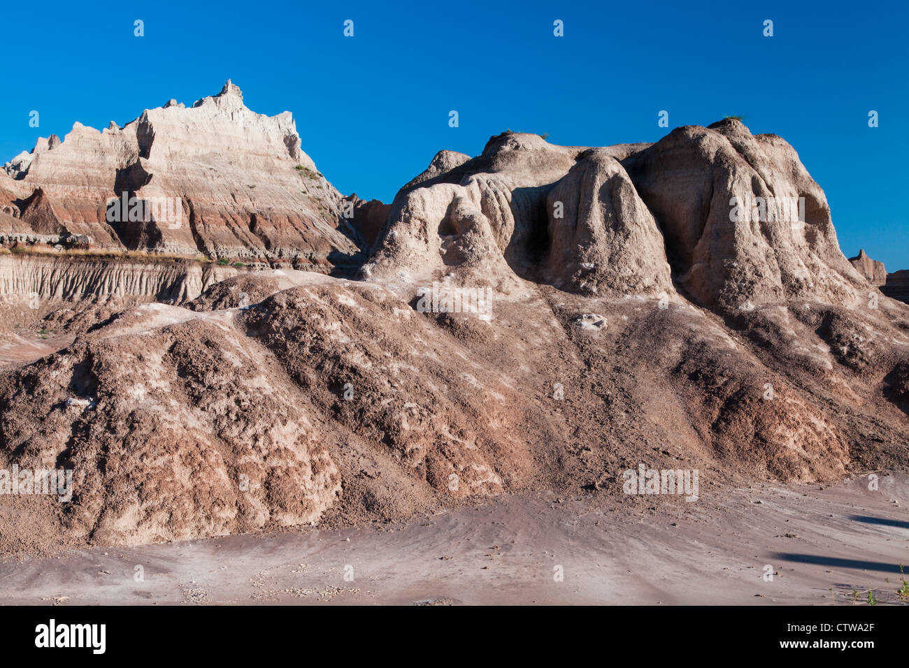 Rocky formations in Badlands National Park. Stock Photo