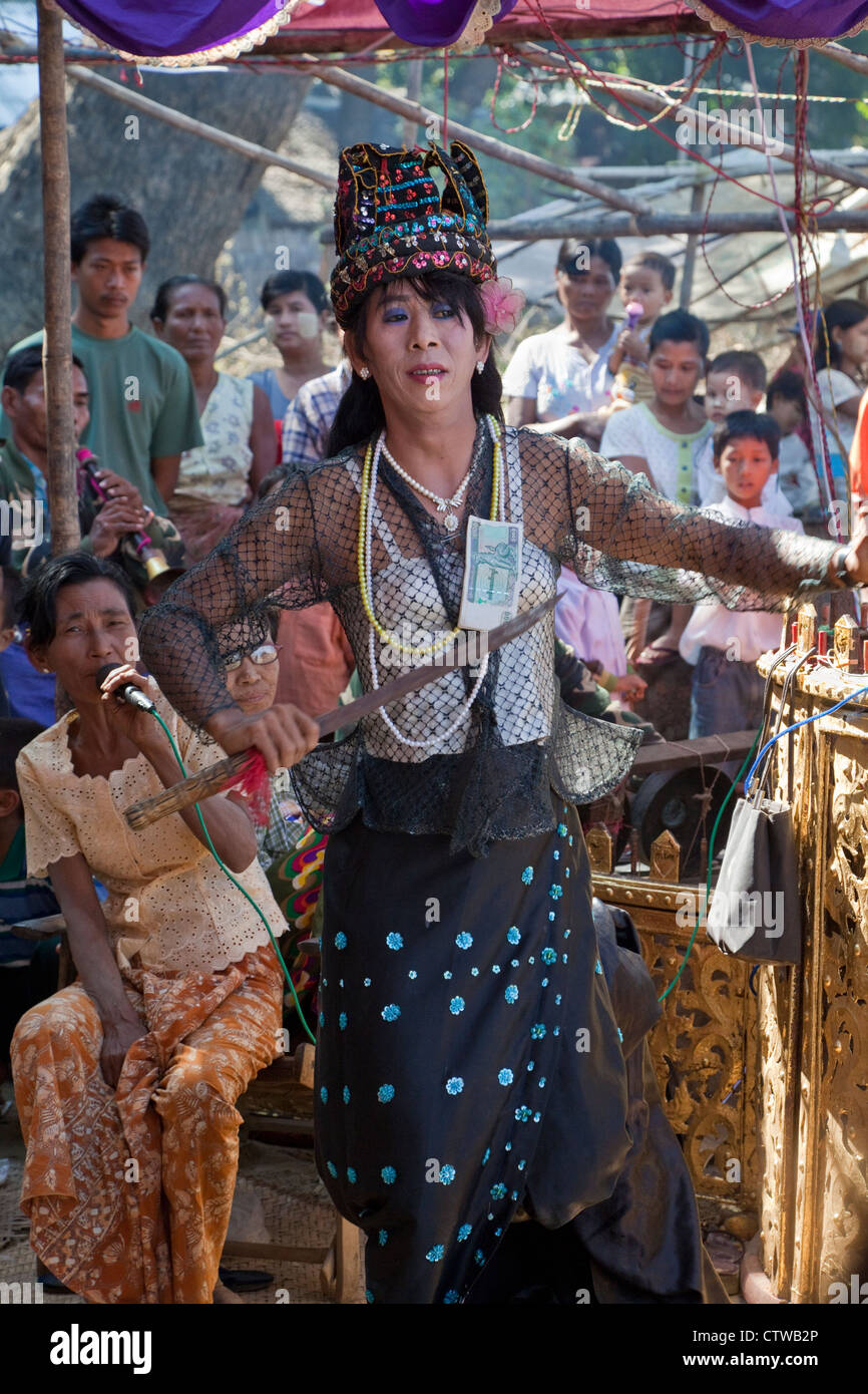 Myanmar, Burma, Bagan. Nat Pwe, a Ceremony to Thank the Spirits for a Year of Good Fortune. Stock Photo