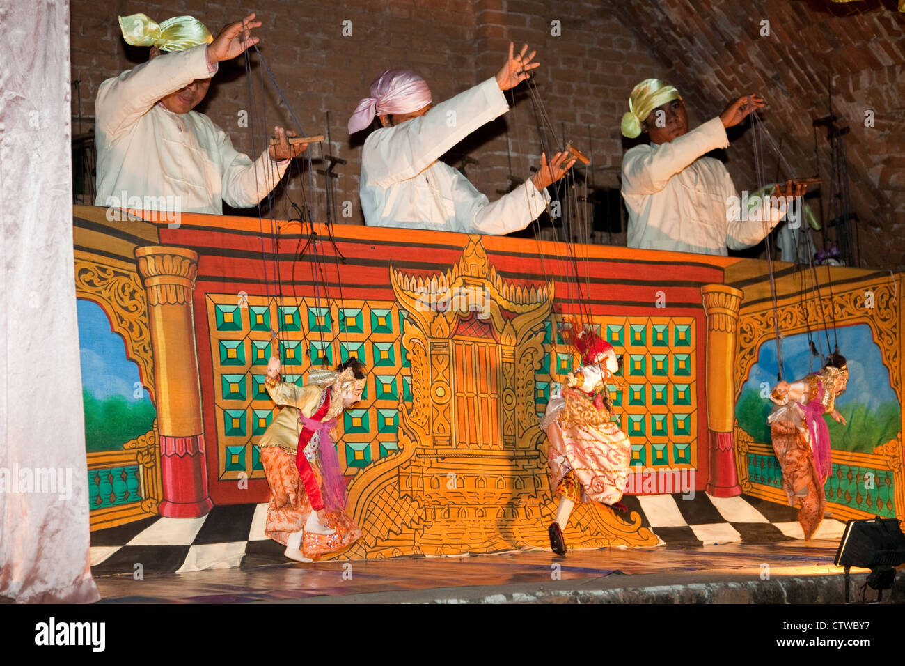 Myanmar, Burma. Bagan. Burmese Marionette Performers. Stock Photo