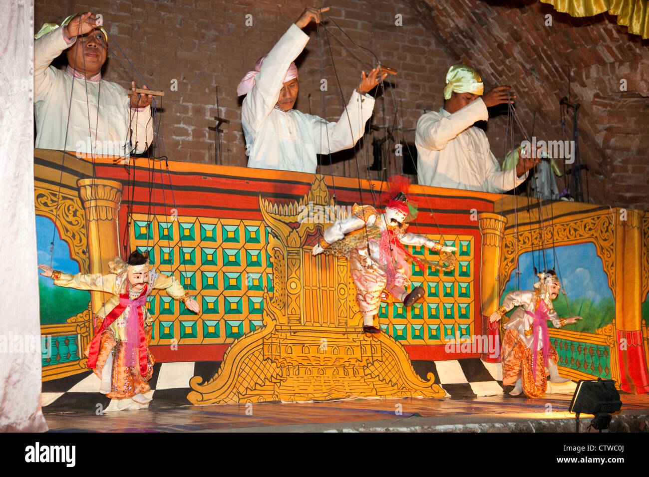 Myanmar, Burma. Bagan. Burmese Marionette Performers. Stock Photo