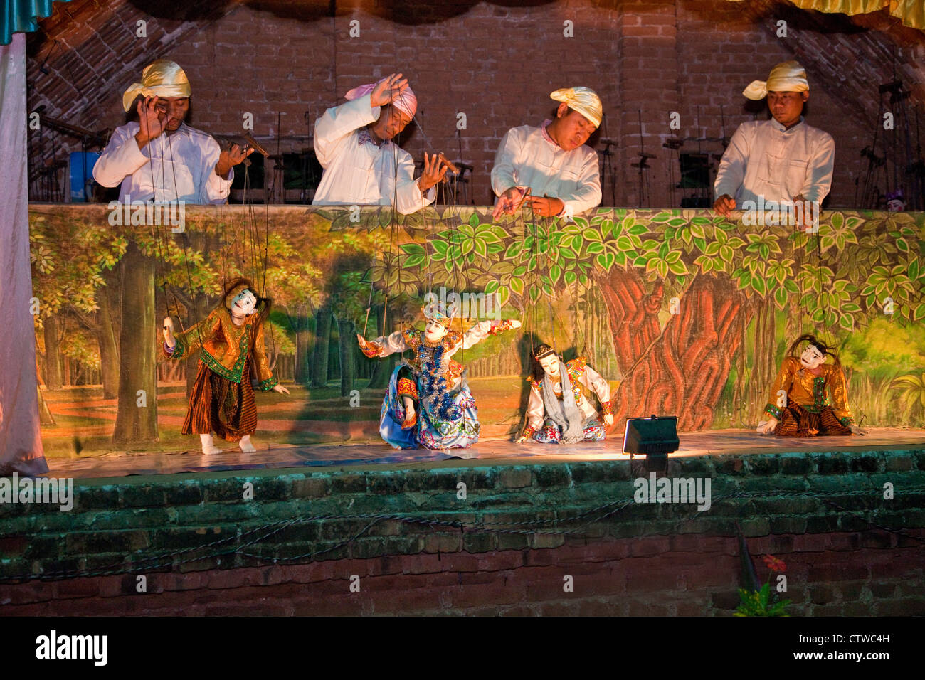 Myanmar, Burma. Bagan. Burmese Marionettes and their Operators. Stock Photo