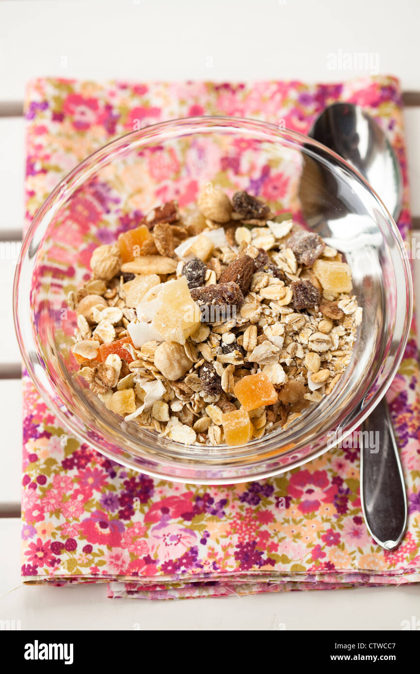 Close-up of healthy muesli with dried fruit for breakfast Stock Photo