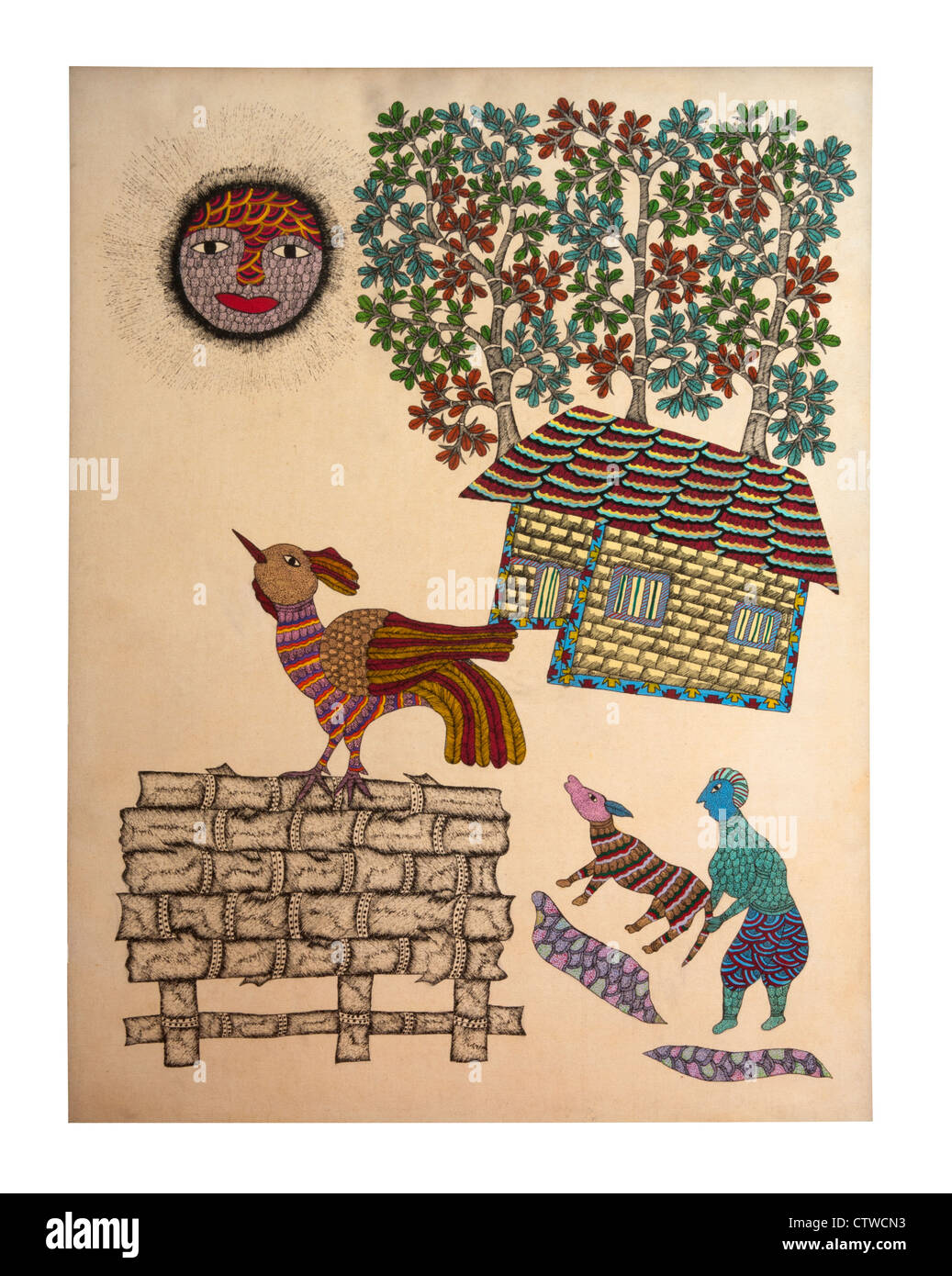Tribal Art Gond painting India, illustrating morning scene in ...